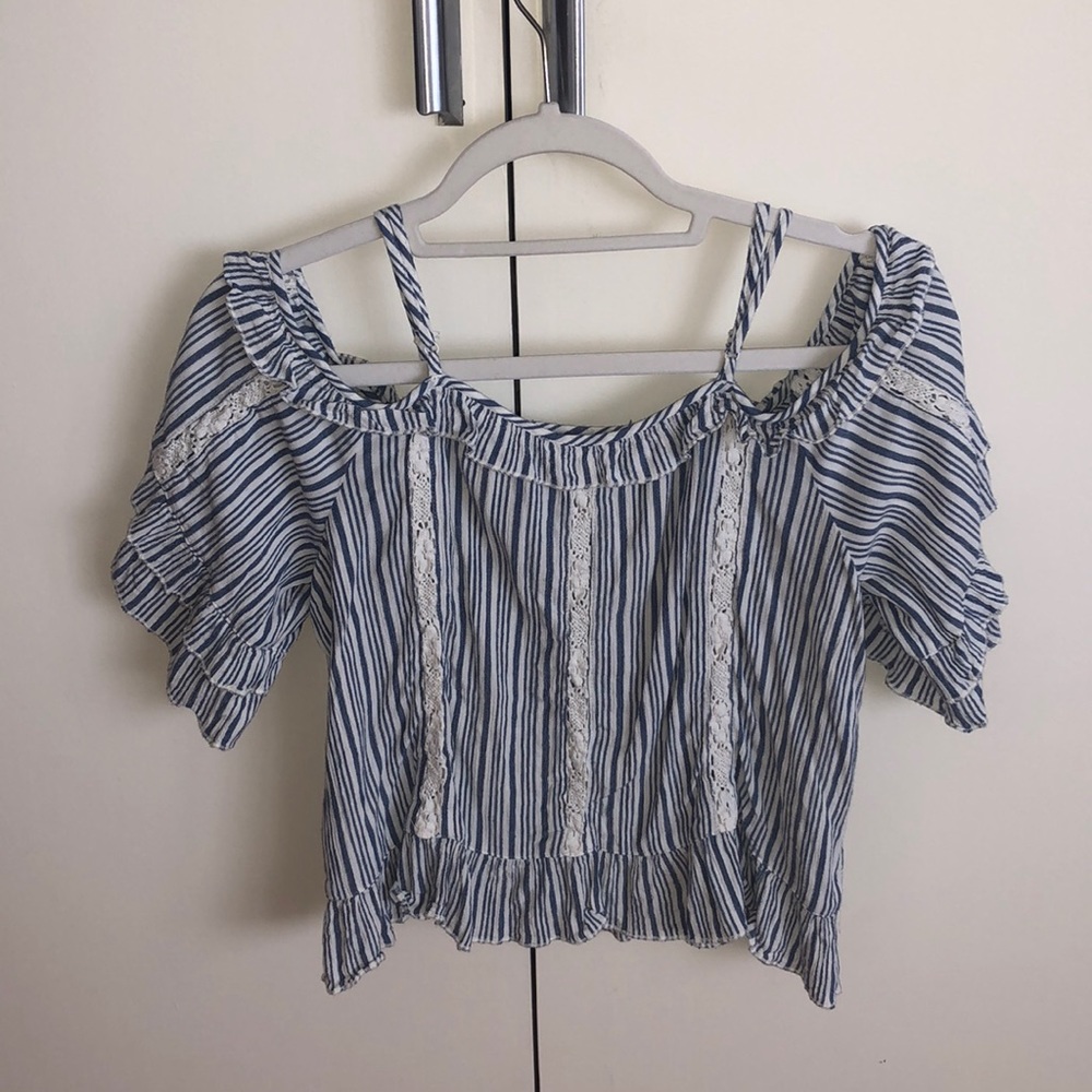 Navy Stripe Lace Cold Shoulder Top